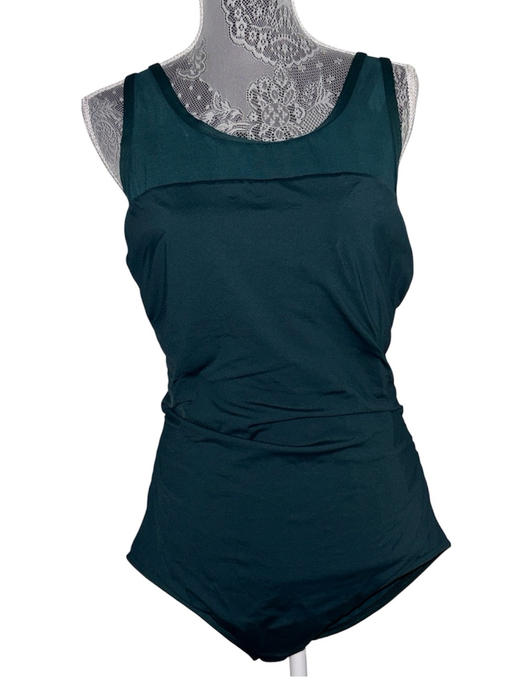 Lands’ End Size 16 teal bathing swimsuit. Shirred sides. Mesh fabric at chest.